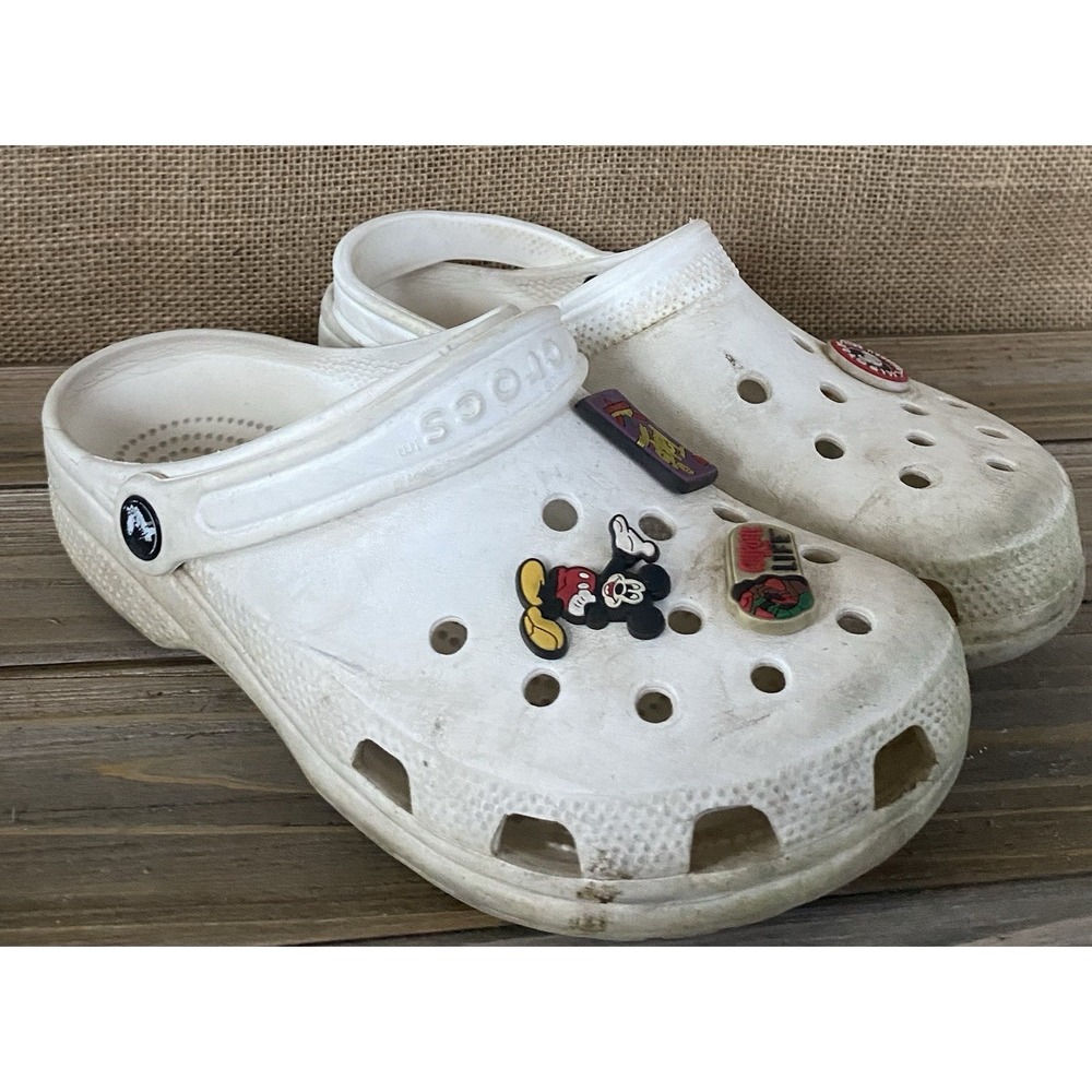 White Funky‎ Crocs With Charms Womens Size 8 Comfort